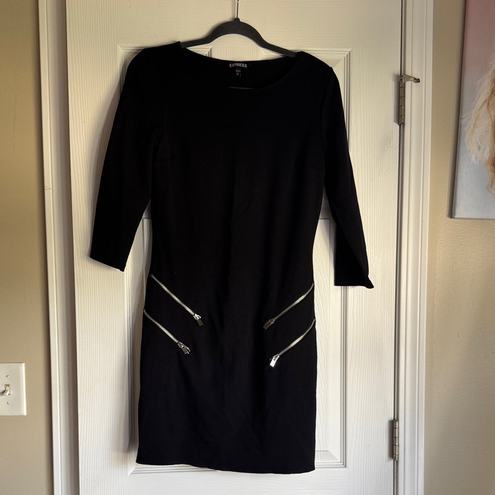 Express Black Long Sleeve Dress with Silver Zipper Details